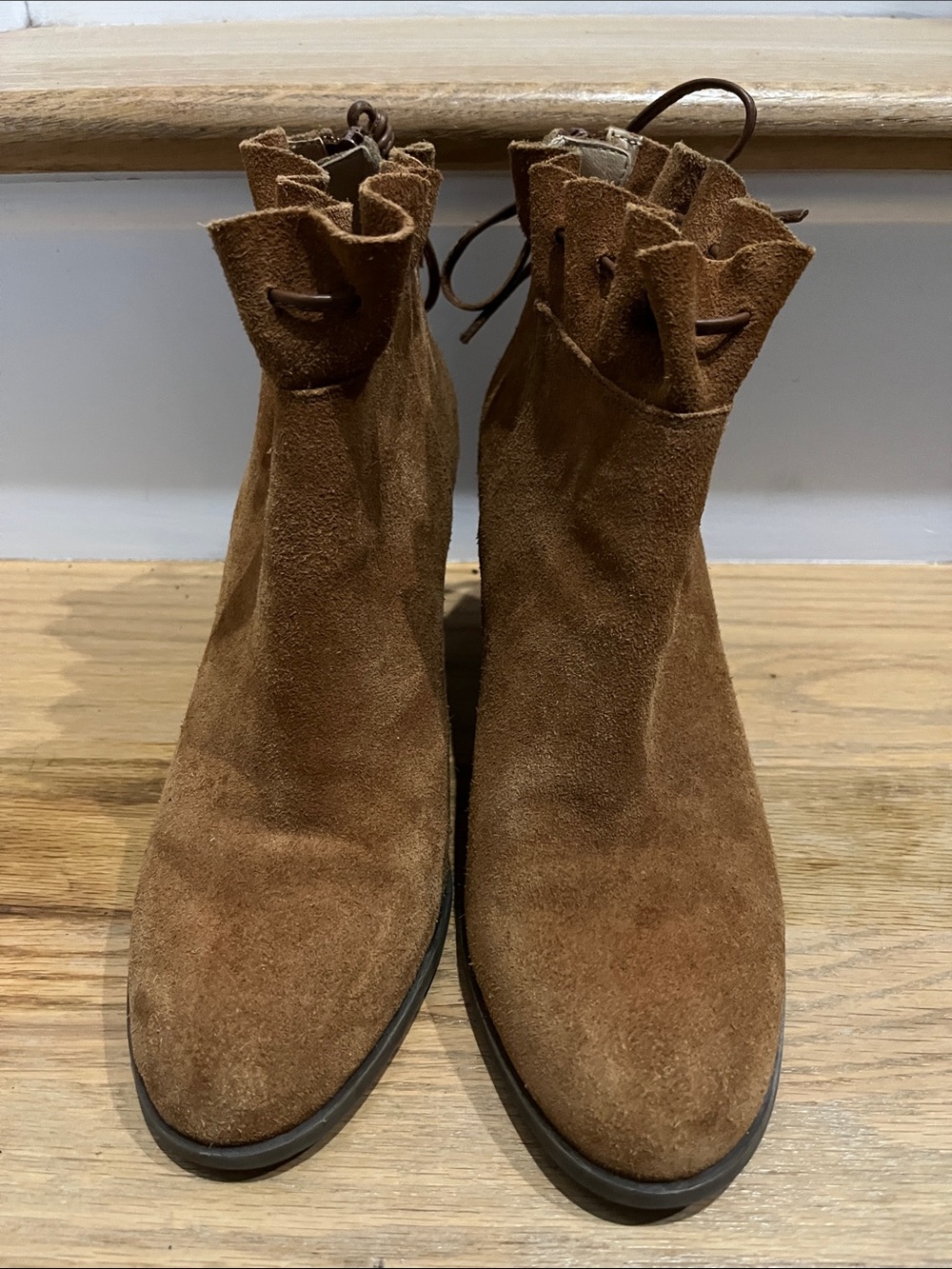 crown & ivy Brown Suede Ruffle-Top Ankle Boots